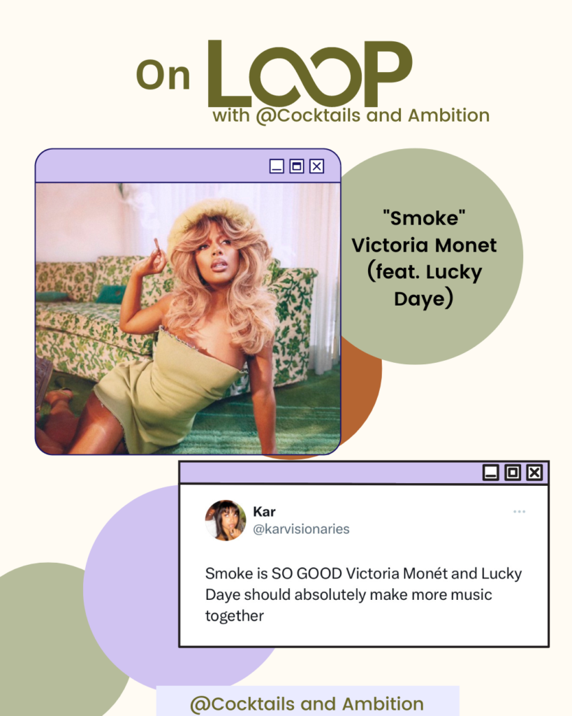 Image of Victoria Monet in a green dress sitting on a green carpet, text reads "Smoke" Victoria Monet (feat. Lucky Daye)
