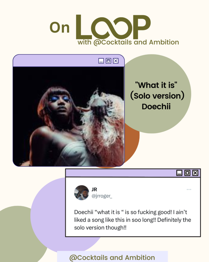 Image of Doechii in fur jacket. Green text on screen reads "what it is (solo version) doechii